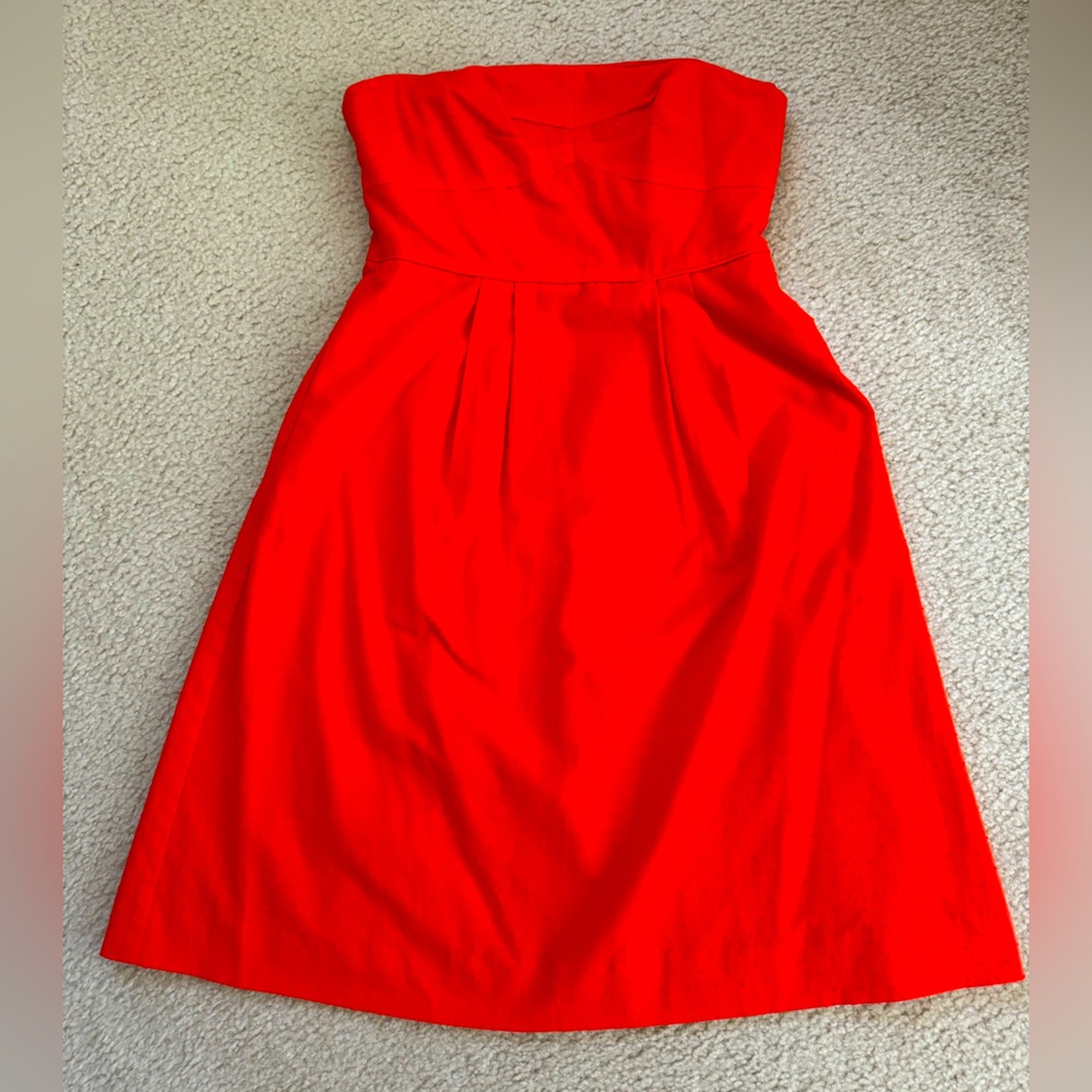 J. Crew Dress - strapless swiss dot dress w/pleats - bright red/orange - size 4